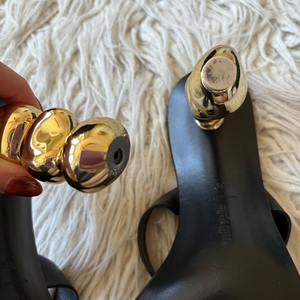 CULT GAIA Meta Black Leather Gold Metallic Architectural Heel Slide Sandal Sz 39 - Picture 11 of 12